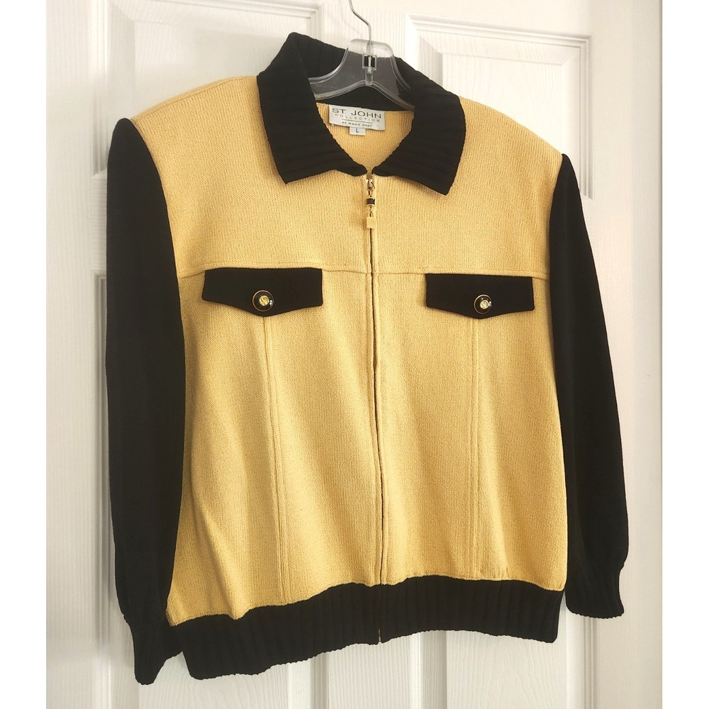 St. John Collection By Marie Black Yellow Knit Zip Up Cardigan Sweater Sz Large